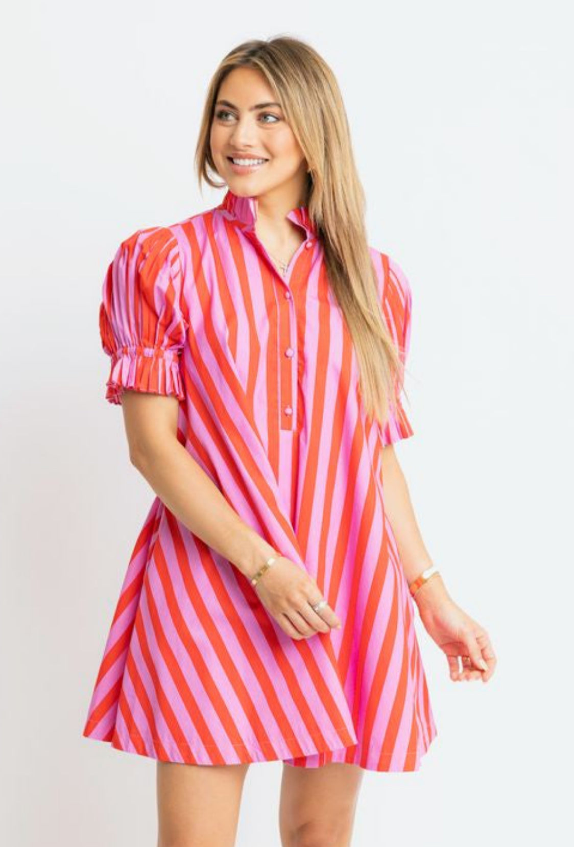 Stripe Button Puff Sleeve Dress - Red