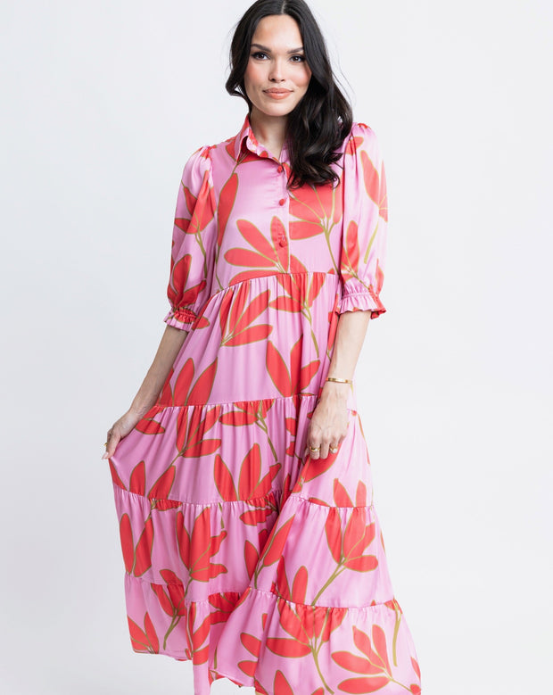 Satin Palm Tier Maxi Kiki Dress - Cherry