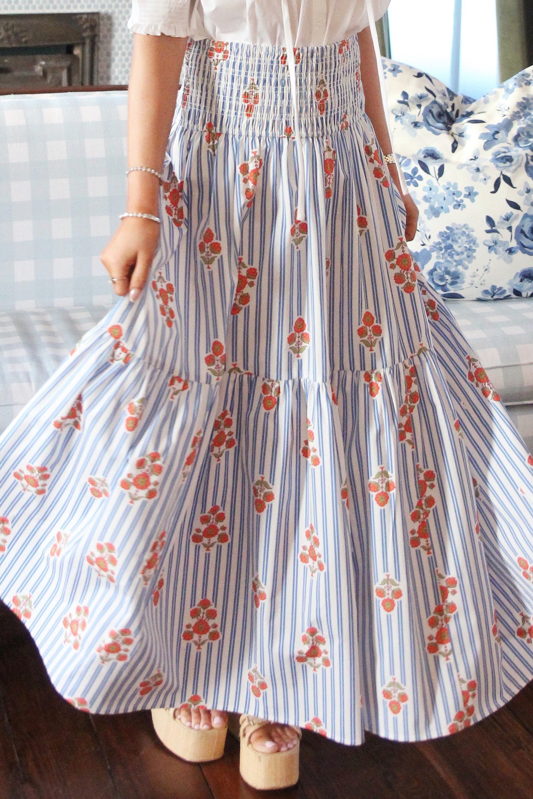 Stripe Floral Smocked Tier Maxi Skirt - White / Blue – Rumor Boutique