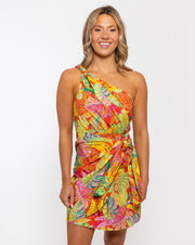 Tropical Palm Bananna Knot Wrap One Shoulder Dress - Red