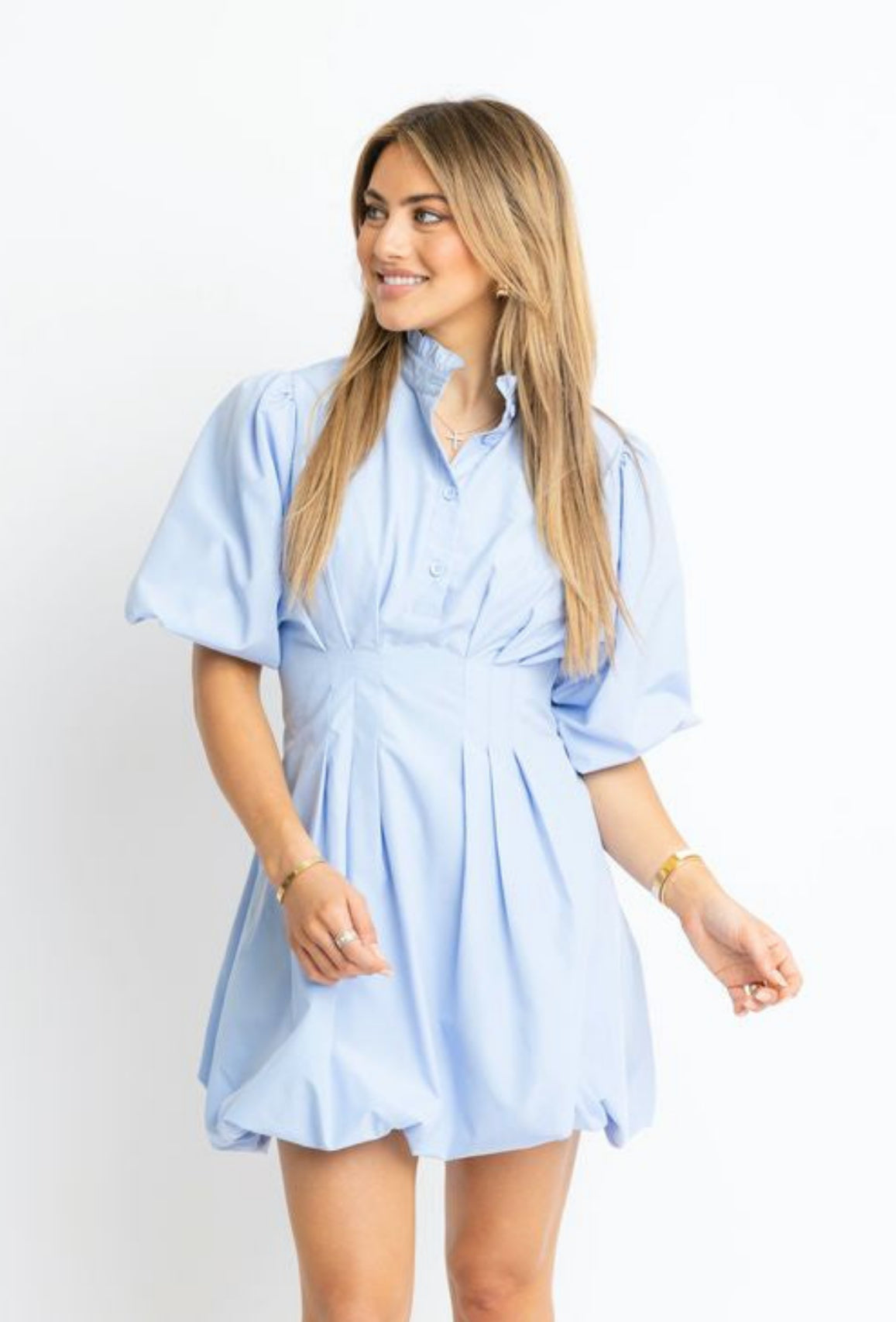 Solid Poplin Ruffle Collar Bubble Hem Dress - Blue