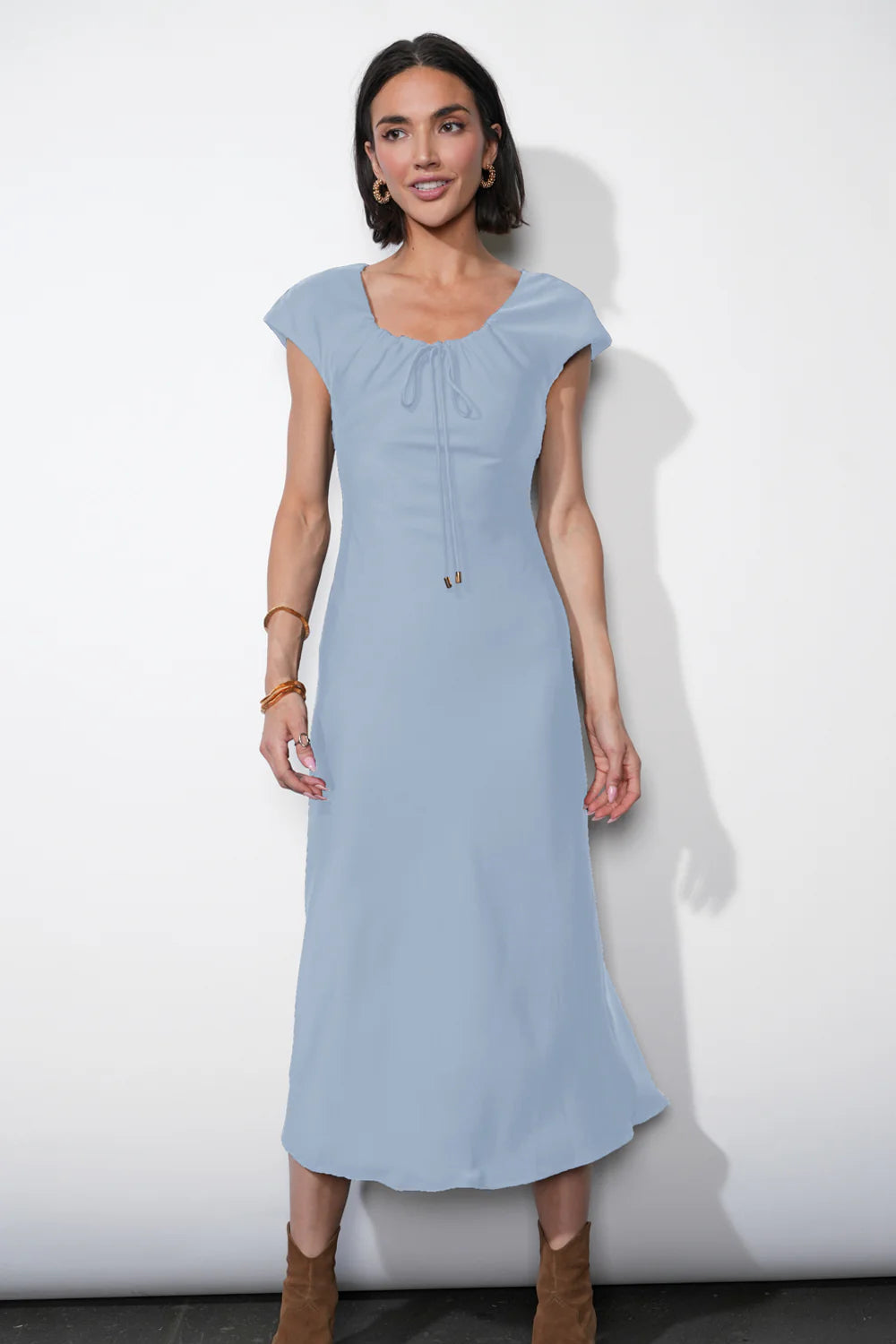 Inez Neck Drawstring Satin Midi Dress | Greylin M / MOONSTONE BLUE Inez Neck Drawstring Satin Midi Dress | Greylin M / MOONSTONE BLUE