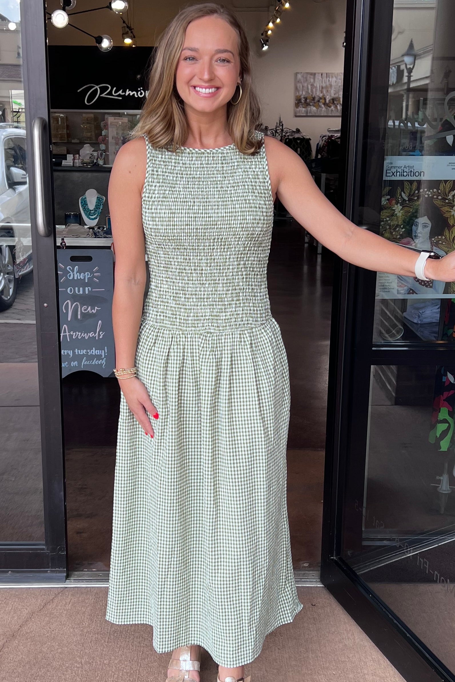 green gingham smocked dress Sleeveless Print Maxi custom fit dress