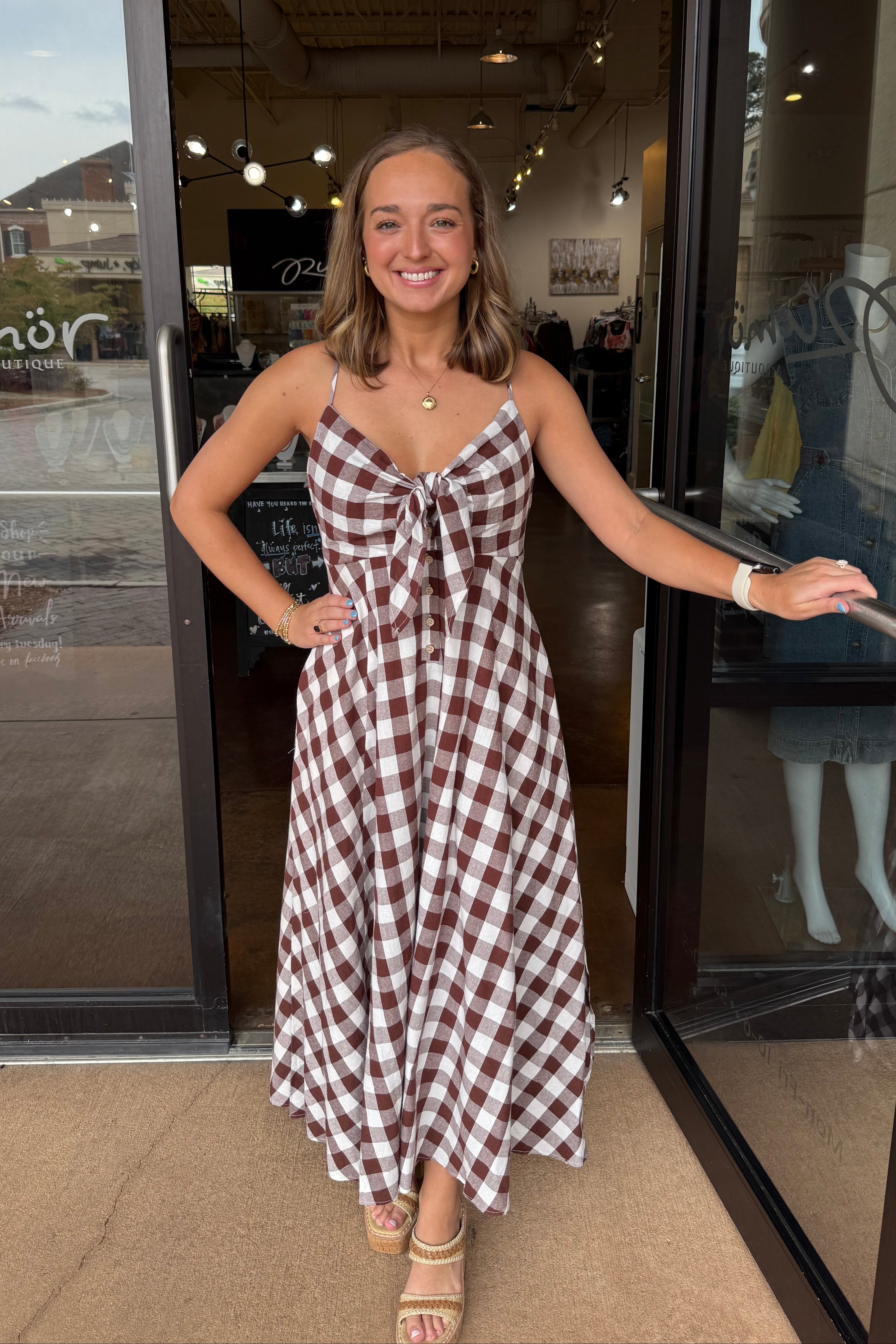 Tie Front Gingham Dress - Brown – Rumor Boutique