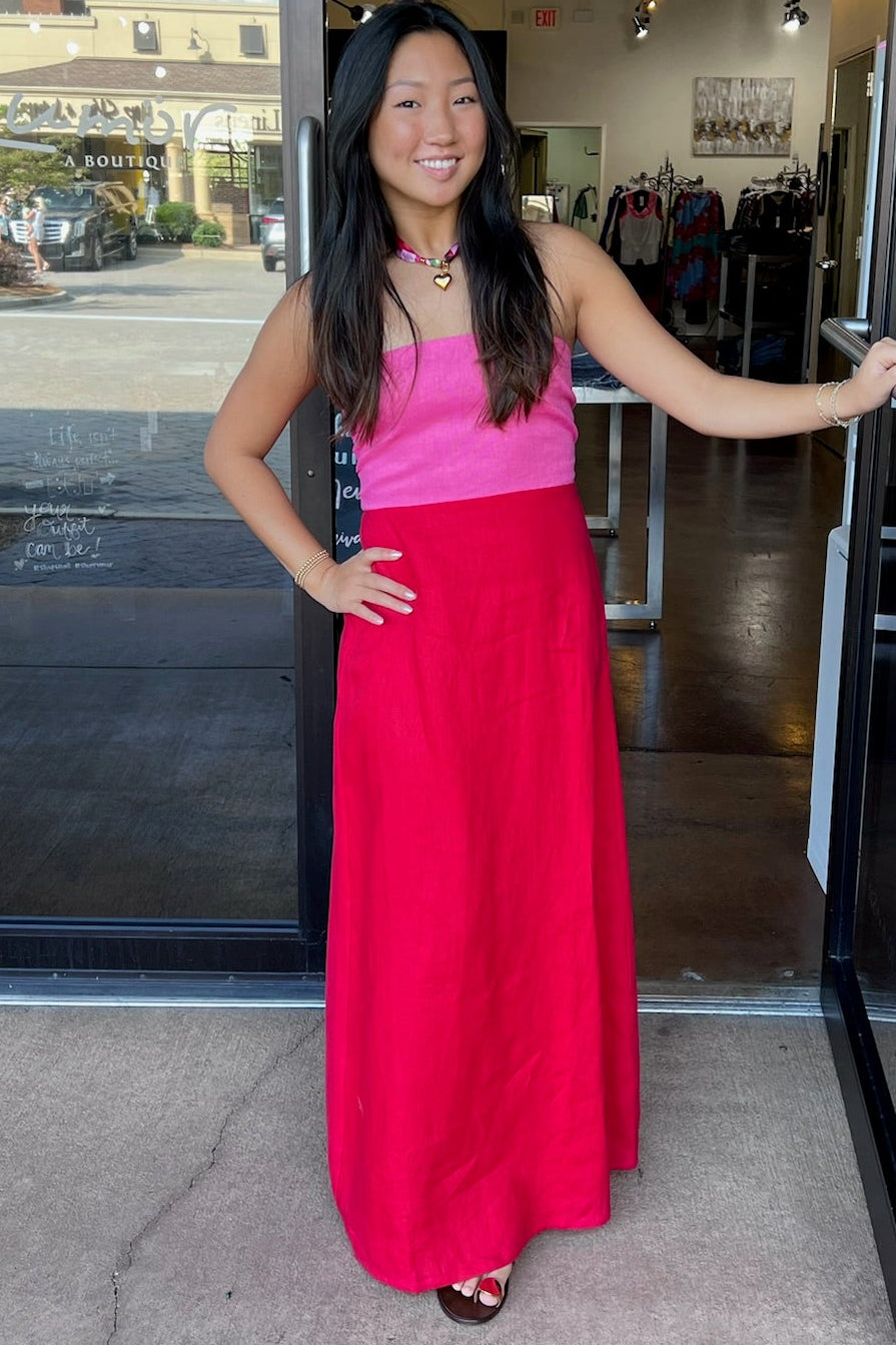 Strapless Linen Colorblock Maxi Dress