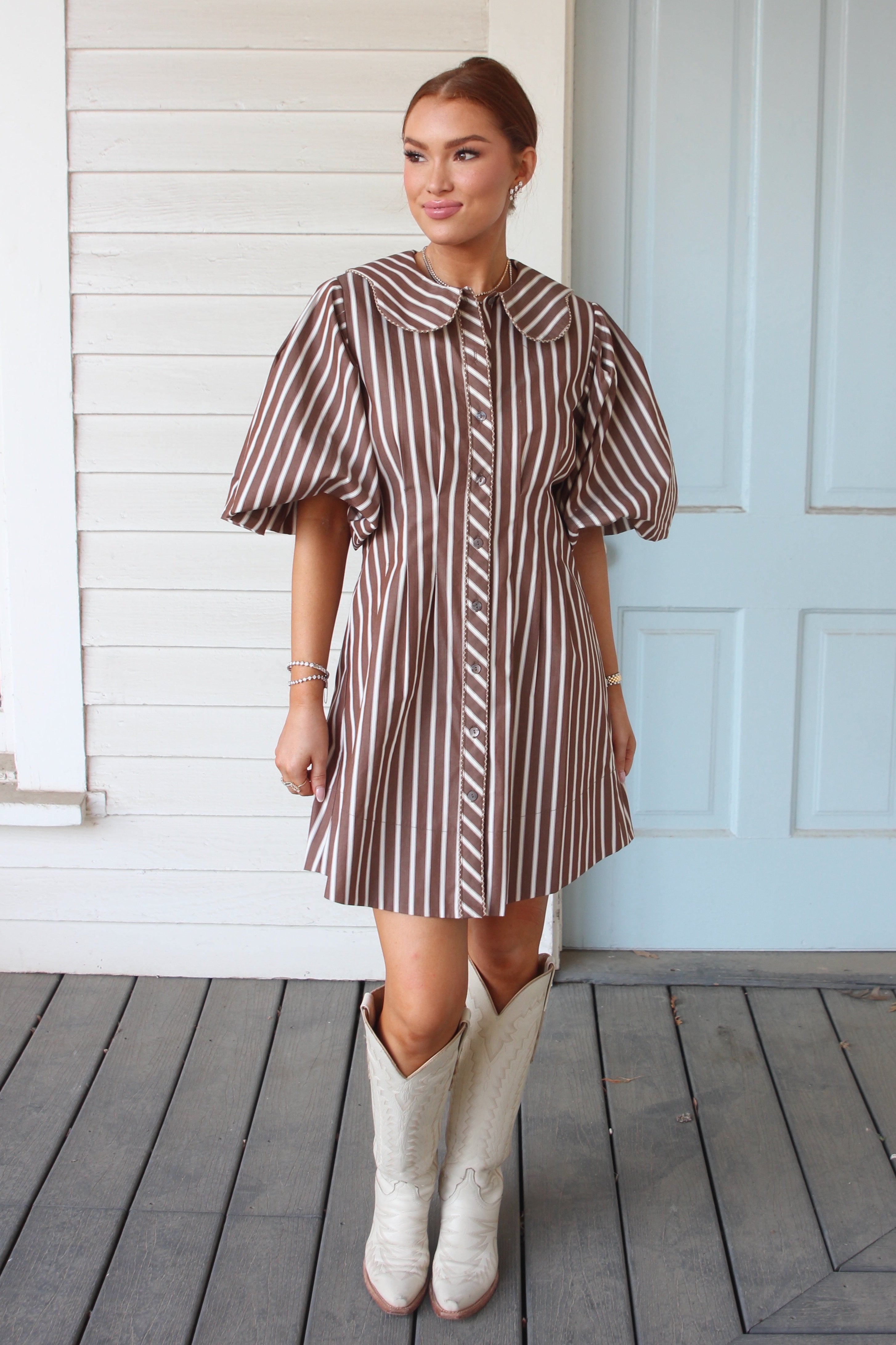 brown and ivory dress Stripe Scallop Puff Sleeve Shirt Great for any cup