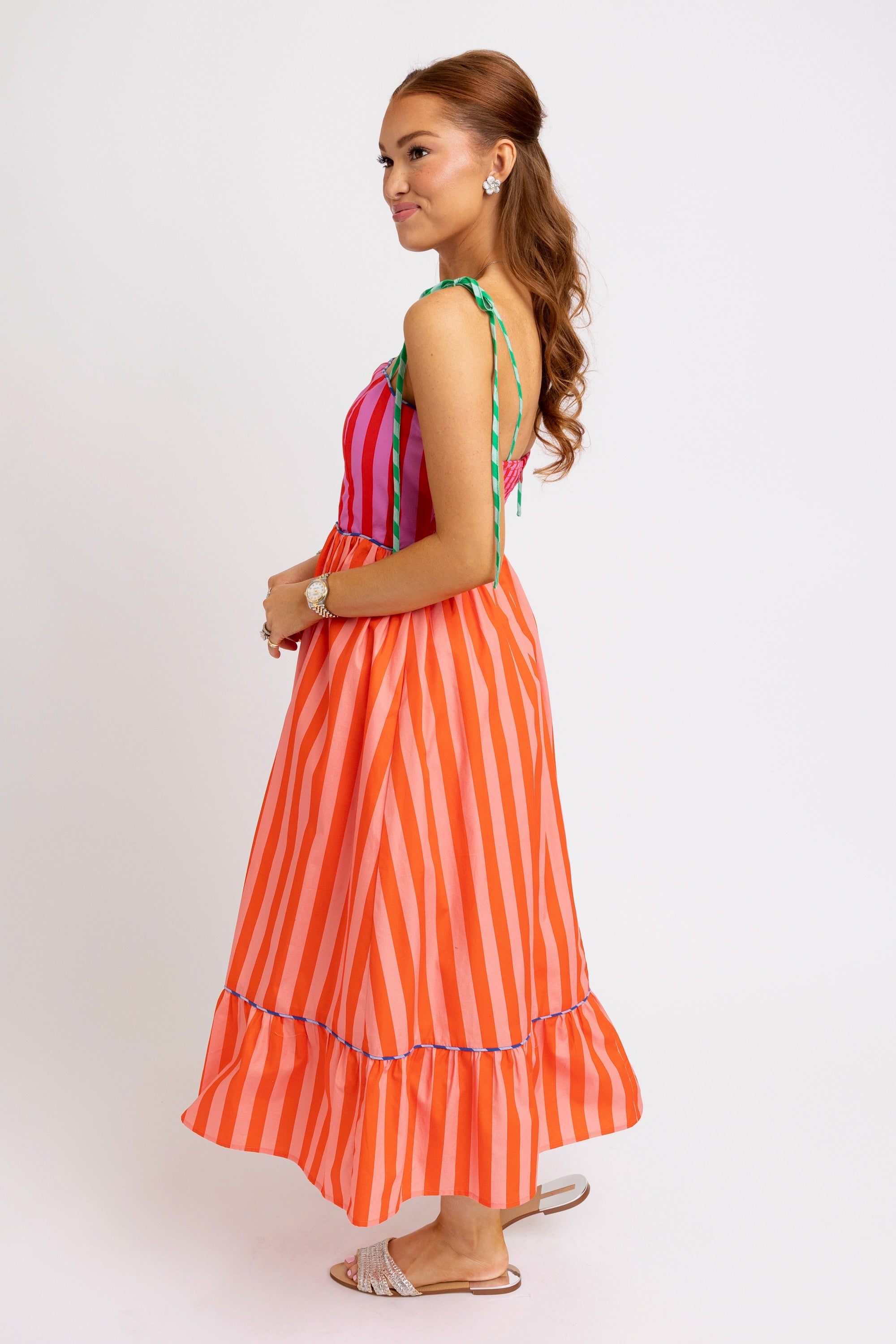 Stripe Color Block Tie Shoulder Maxi Dress -Pink/Orange – Rumor