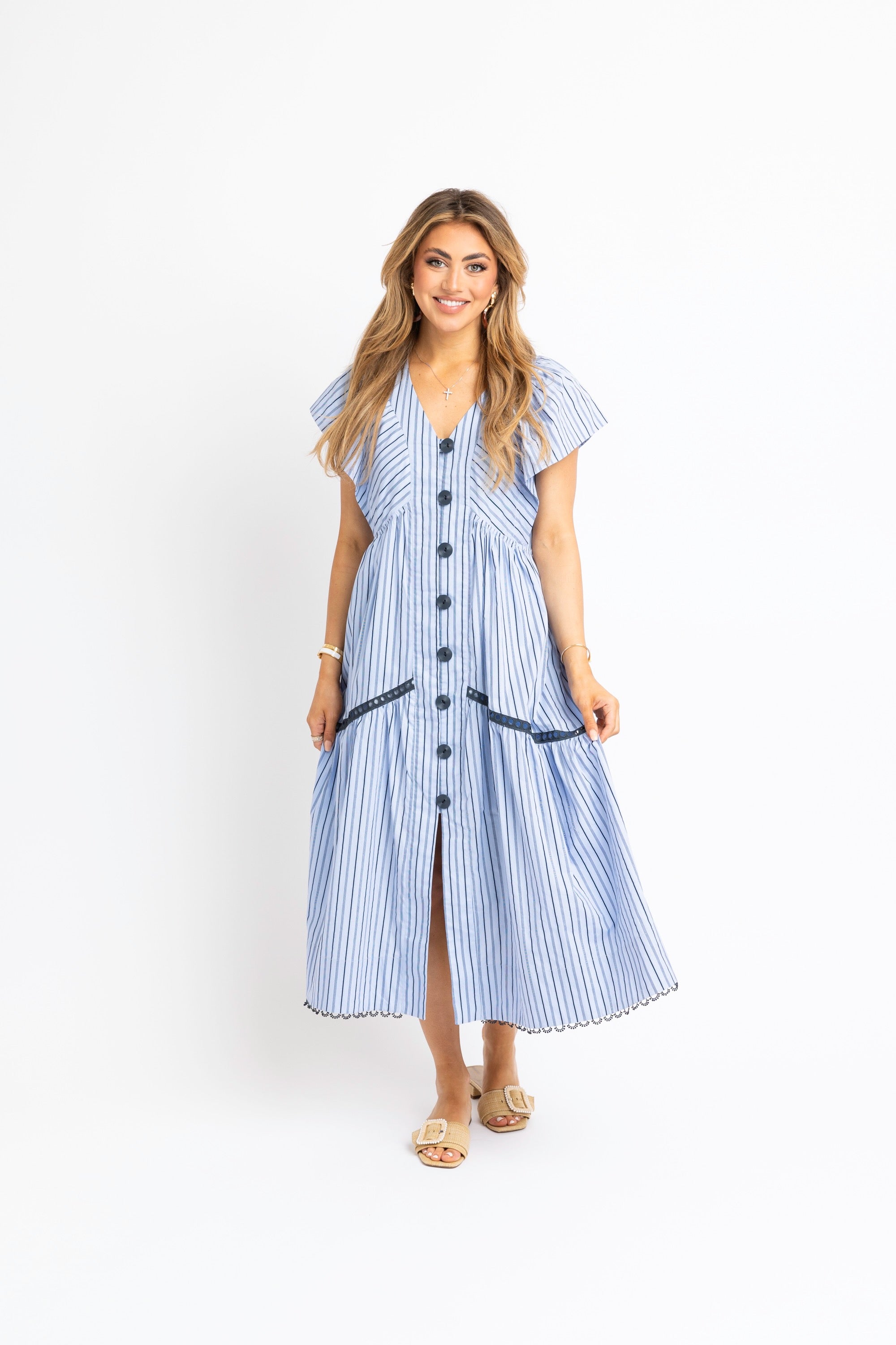 Stripe V neck Button Maxi Dress - Blue L Stripe V neck Button Maxi Dress - Blue L