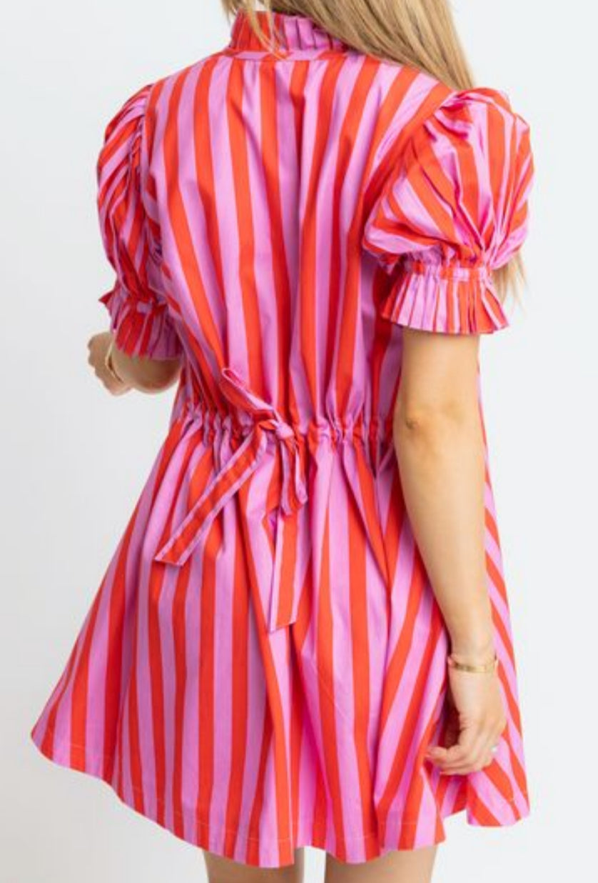 Stripe Button Puff Sleeve Dress - Red