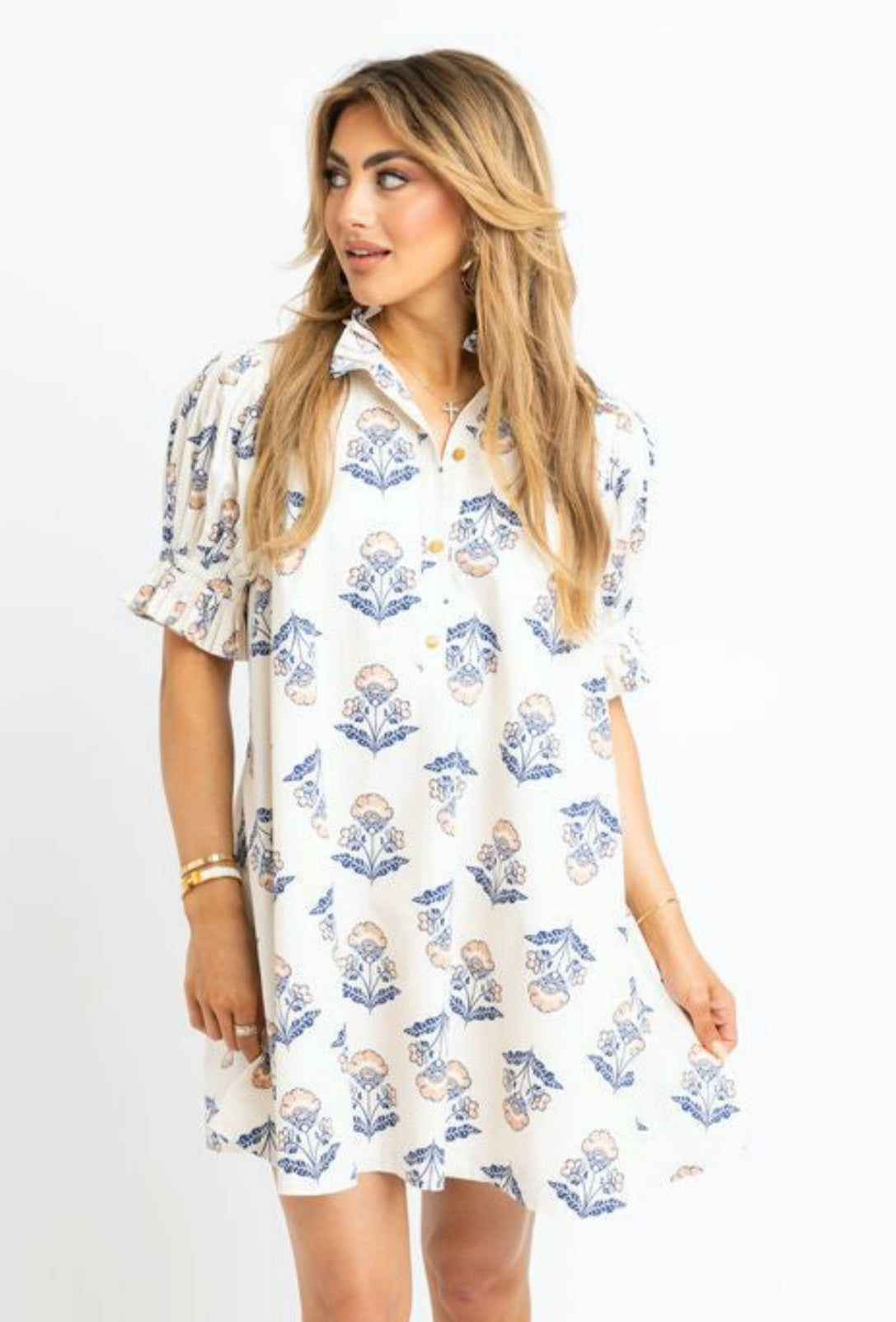 Vintage Floral Pleat Sleeve Tie Back Mini Dress - Ivory