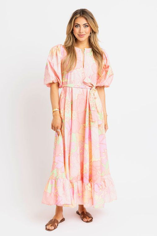 Pastel Floral Maxi Dress With Tie