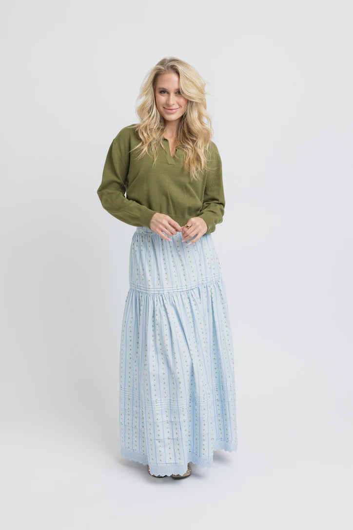 Floral Stripe Maxi Skirt -Blue