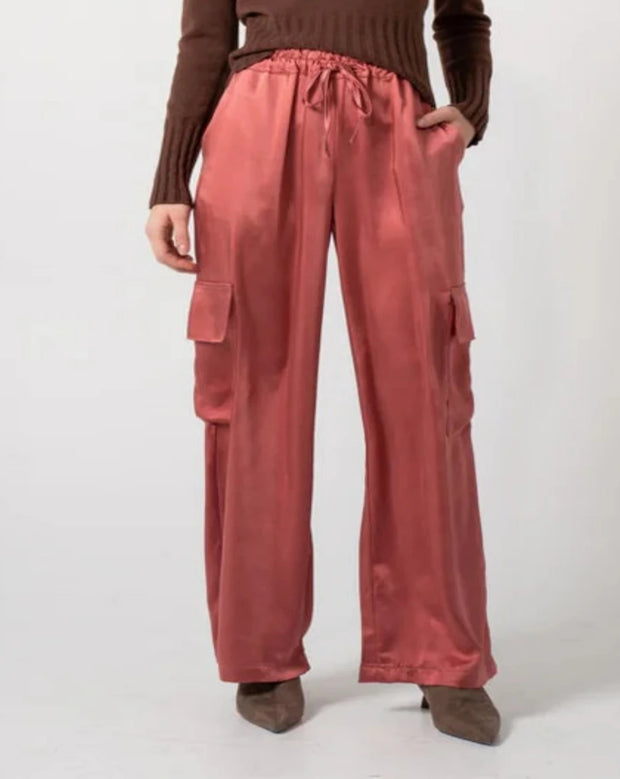 Satin Wide Leg Cargo Pant - Dark Pink