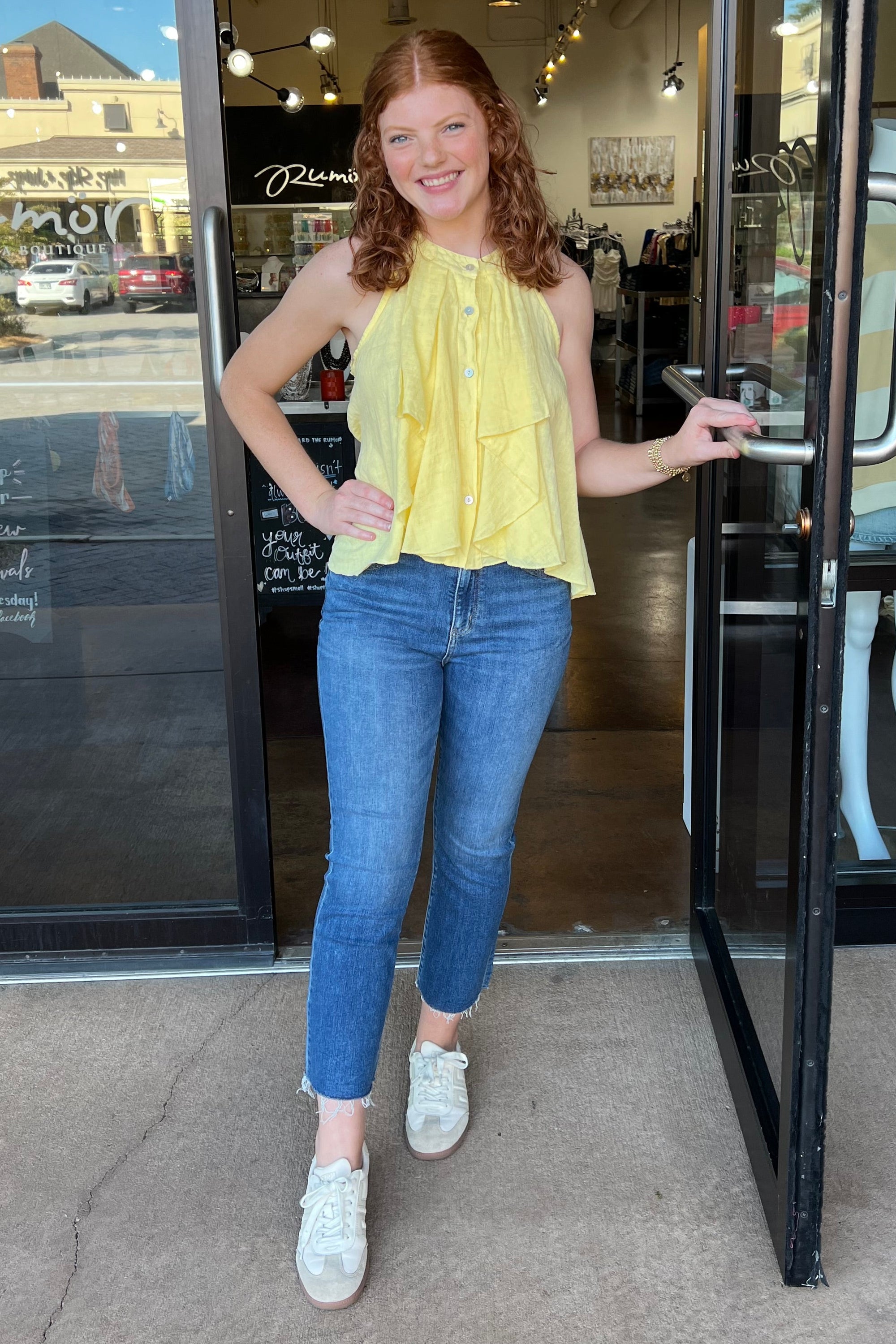 Linen Ruffled Button Down Sleeveless Top - Yellow