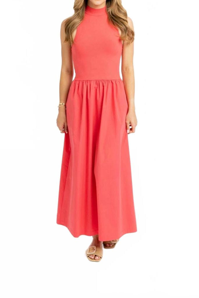 Mock Neck Sleeveless Maxi Dress - Coral