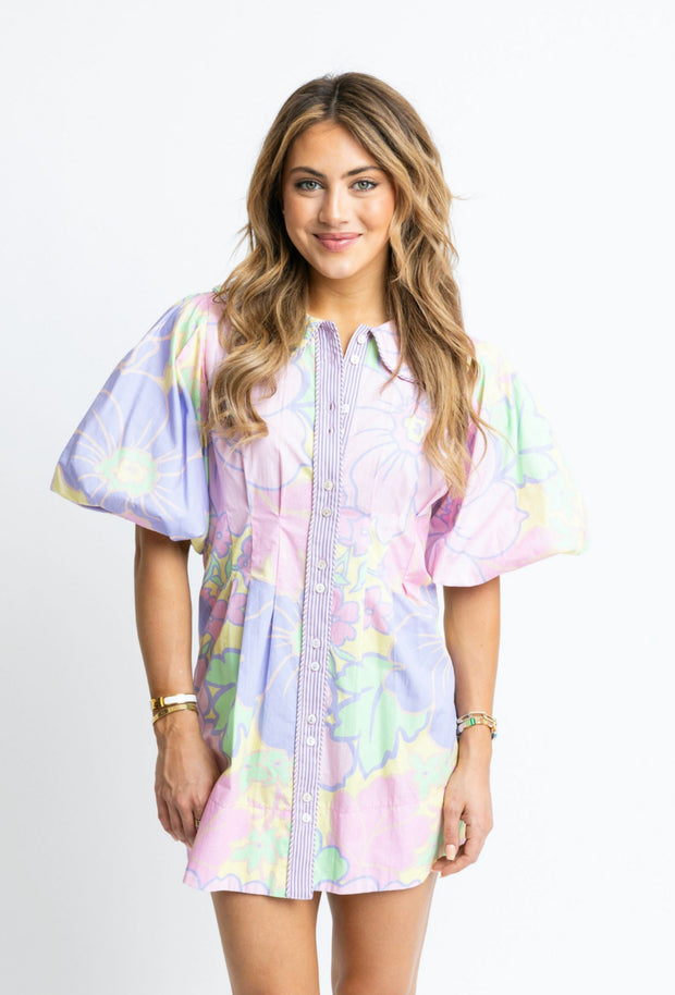 Pastel Floral Poplin Shirt Dress - Lavender