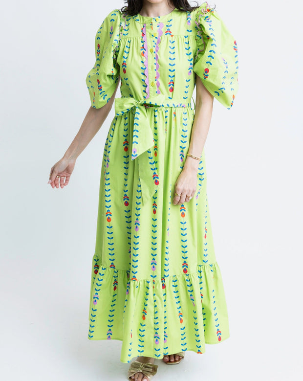 Mod Floral Vine Poplin Ruffle Maxi Dress - Lime