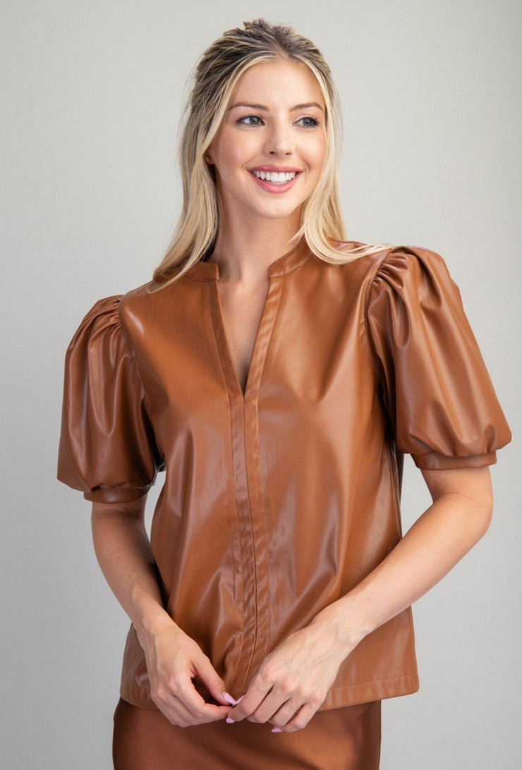 Short Sleeve Pleather Top - Camel