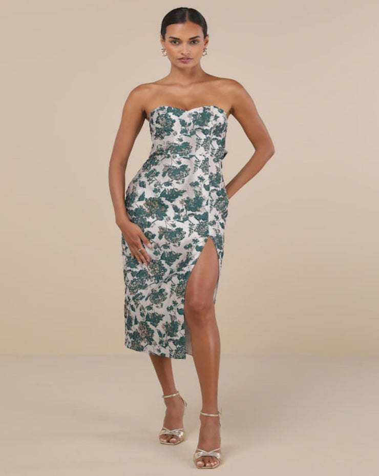 Belle Jacquard Strapless Bow Midi Dress - Green/Gold