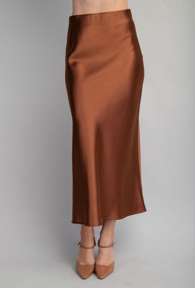 Satin Elastic Midi Skirt - Brown