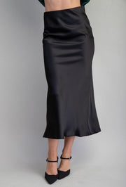 Satin Elastic Midi Skirt - Black