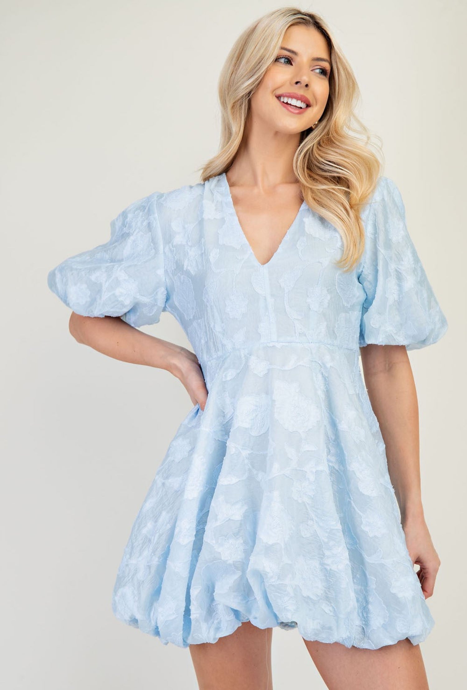 Voluminous V-Neck Dress - Blue