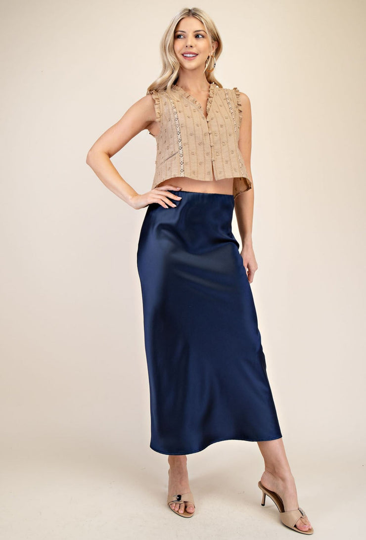 Solid Satin Midi Skirt - Navy