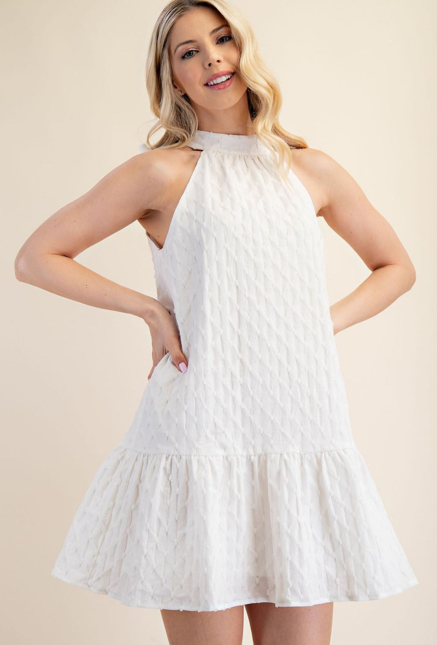 Sleeveless Bow Mini Dress - White