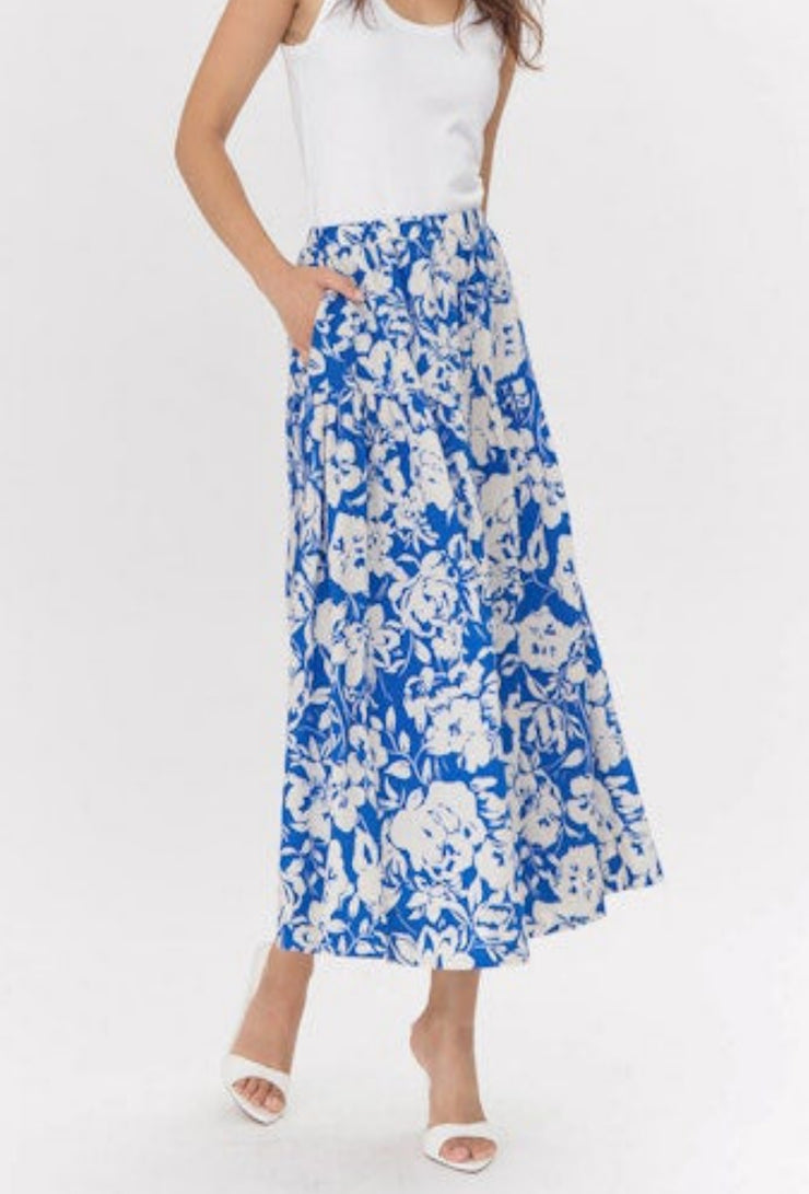 Kelda Drop Waist Print Maxi Skirt - Blue/Cream