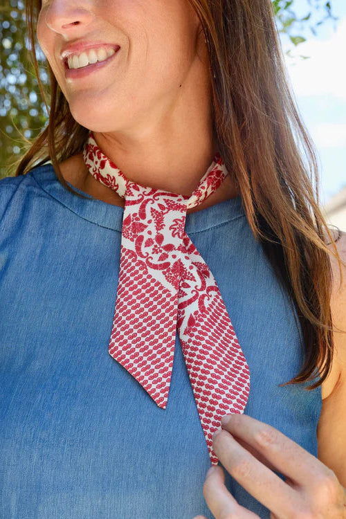Elaina Foliage Print Skinny Scarf - Red