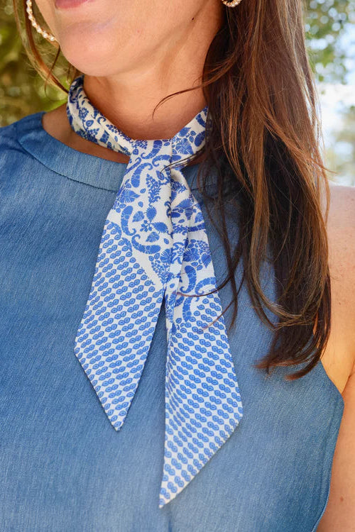 Elaina Foliage Print Skinny Scarf - Blue