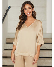 Silky Kimono Sleeve V-Neck Top - Beige