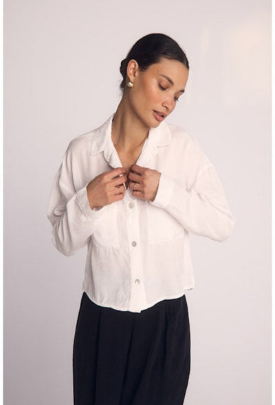 Cropped Button Down - White