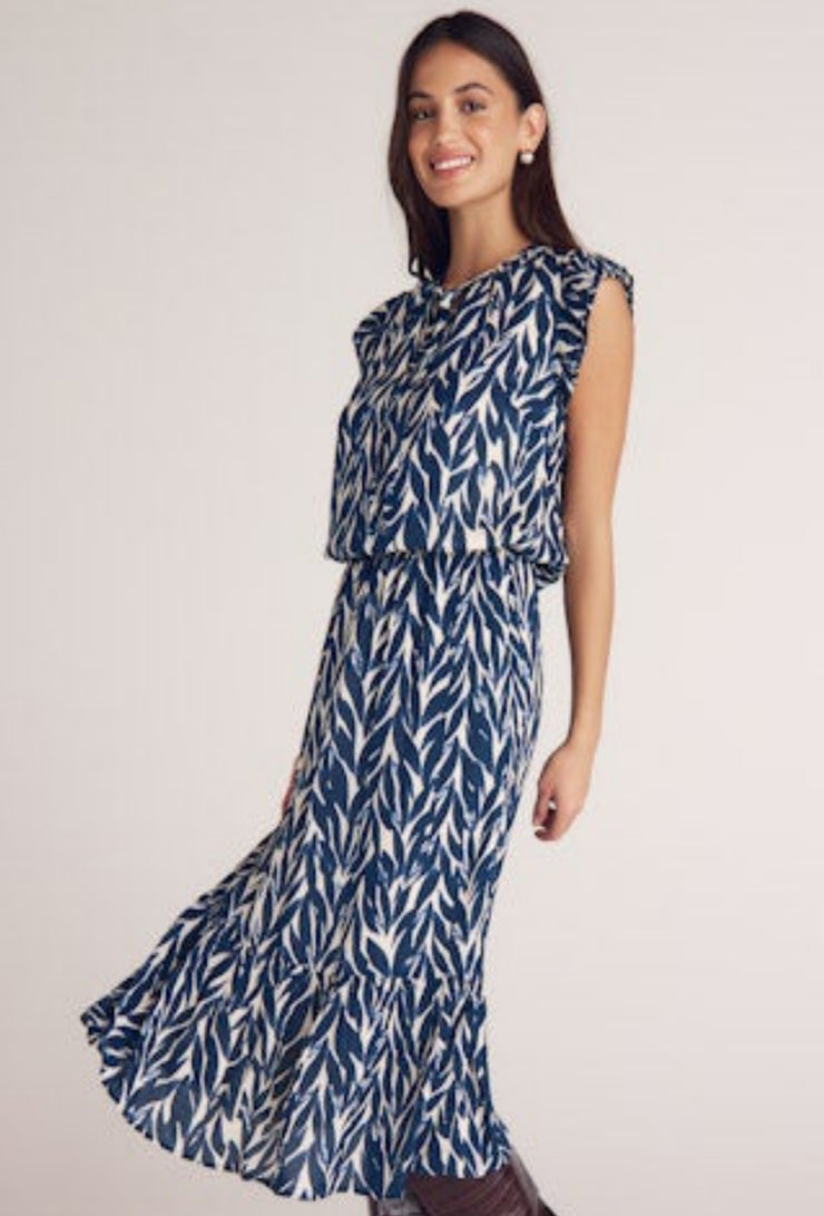 Printed Ruffle Midi Dress - Navy Leaves