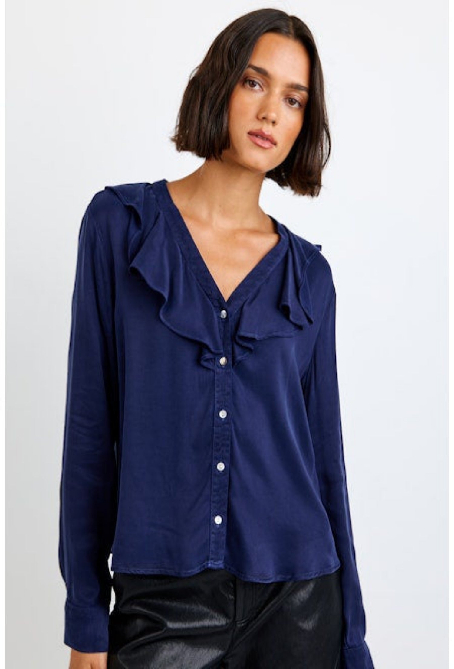 Washed Satin Ruffle V-Neck Top - Eclipse