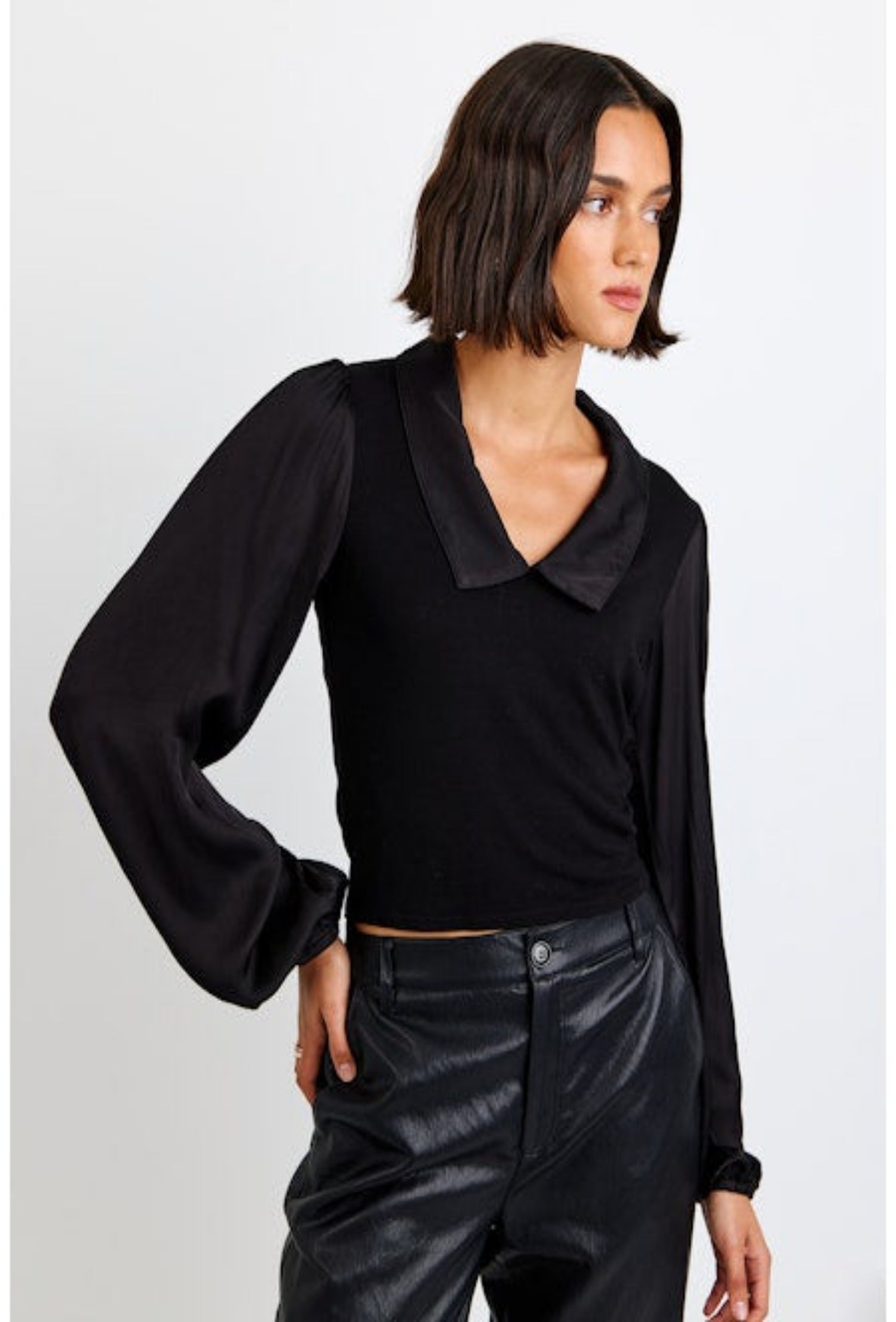 Rib Knit Silky Collared V-Neck Top - Black