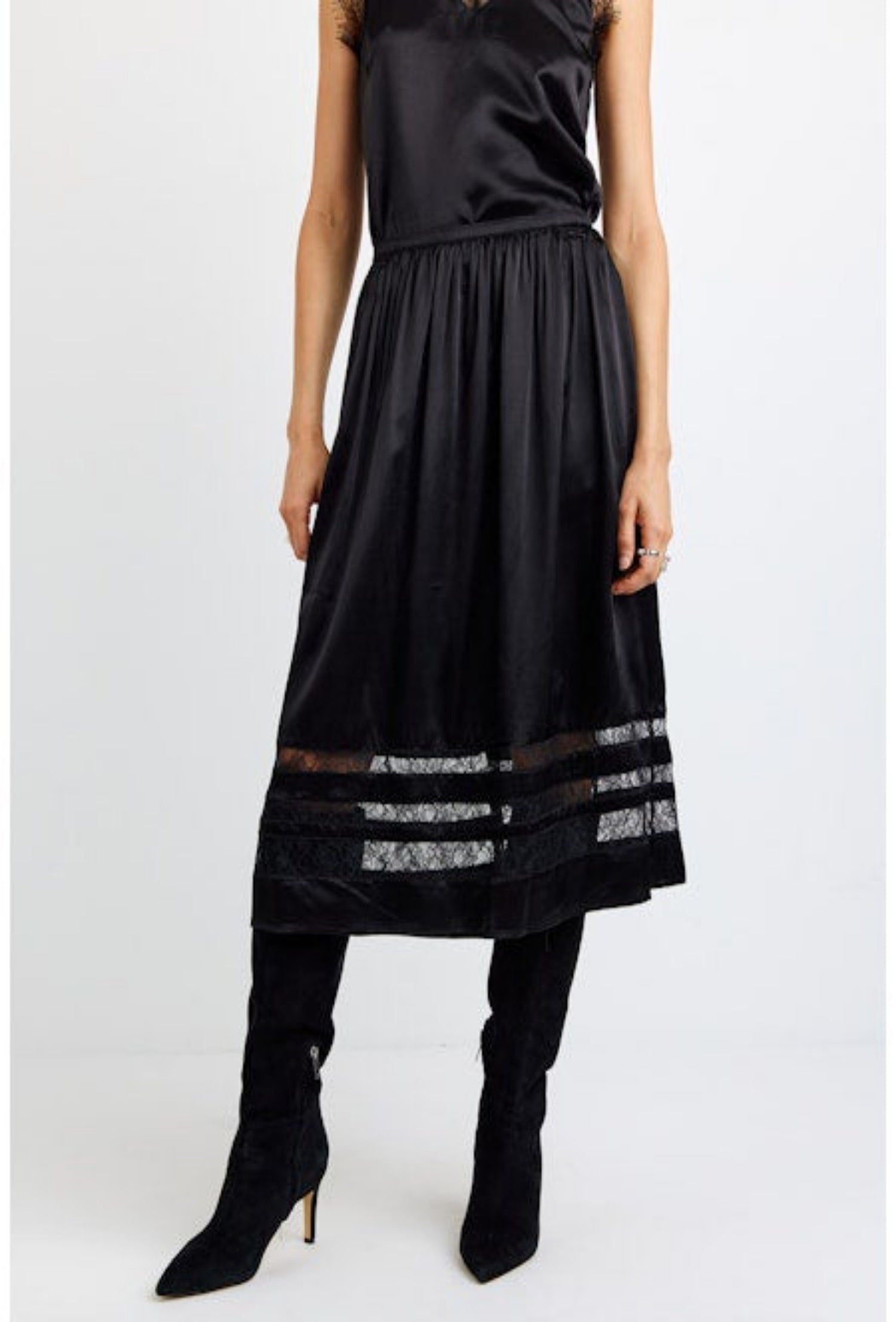 Midi Skirt With Lace Inset - Black