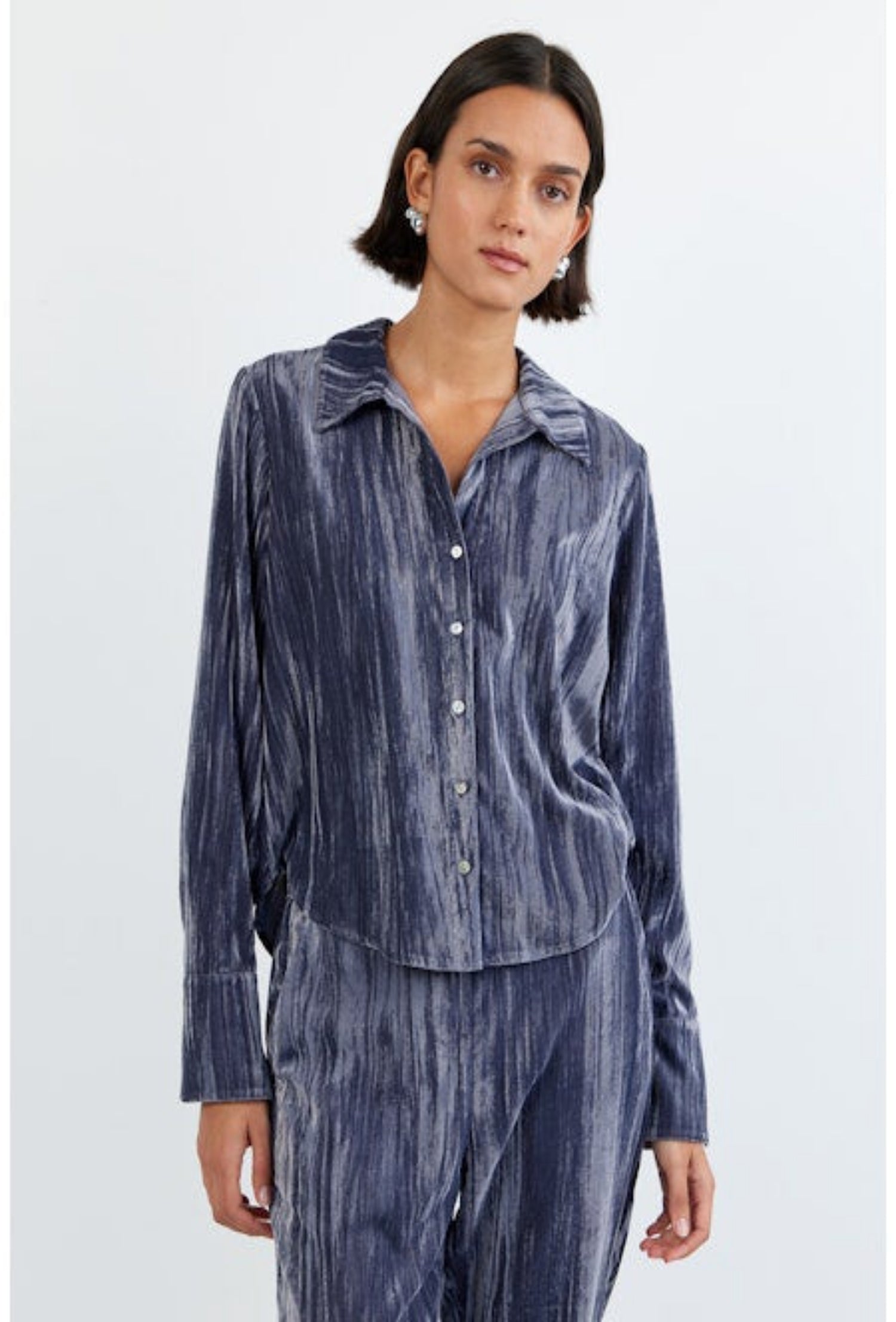 Metallic Collared Button Down Top - Silver Foil