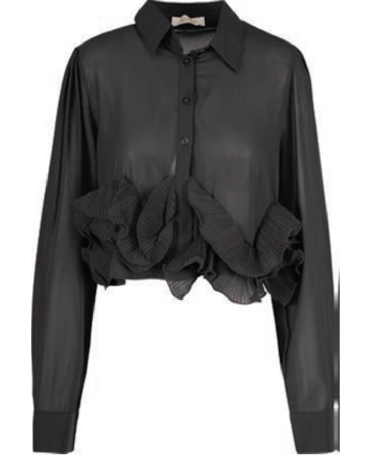 Long Sleeve Ruffle Bottom Detail Blouse - Black