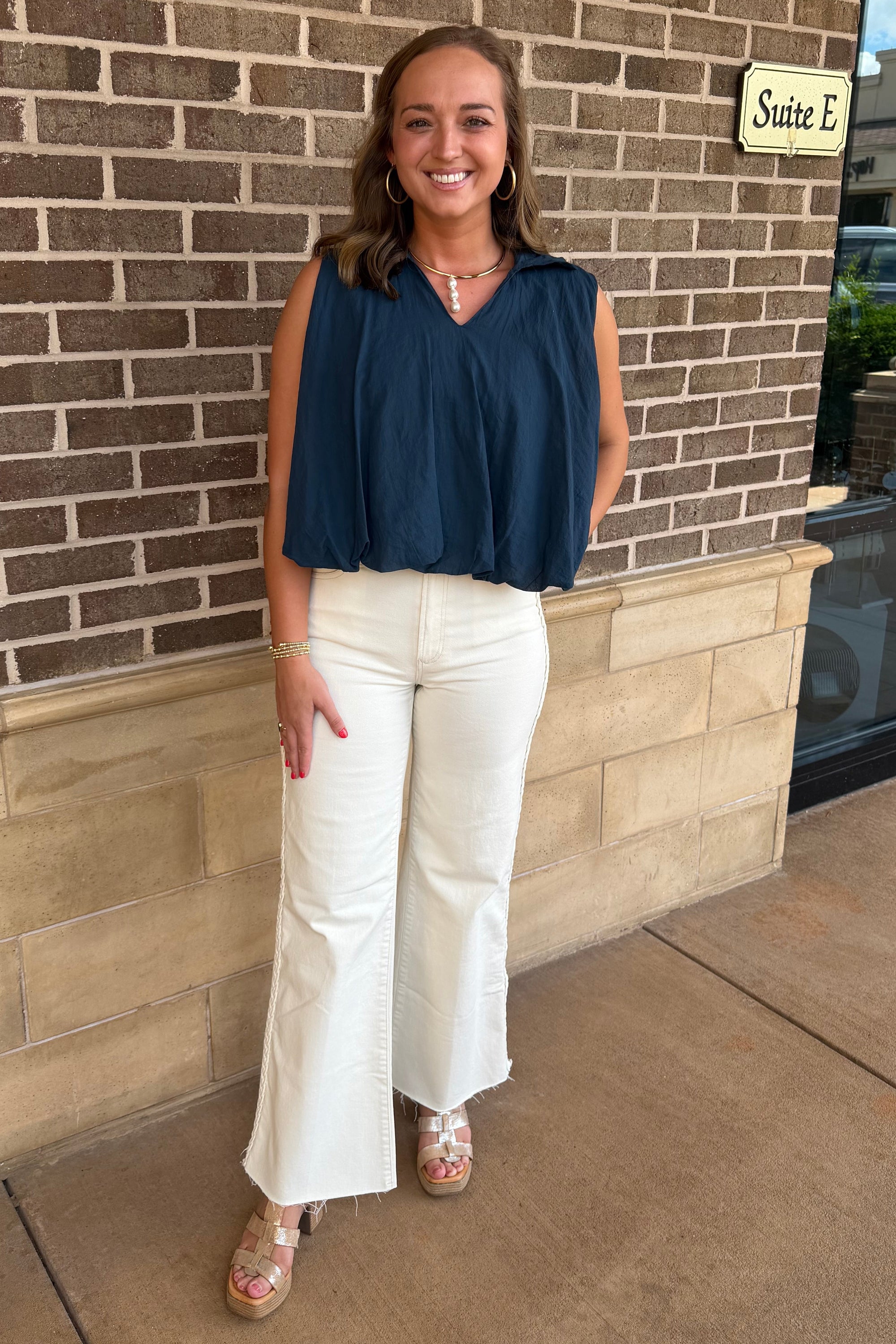 Sleeveless Collar Cotton Bubble Top - Navy Blue