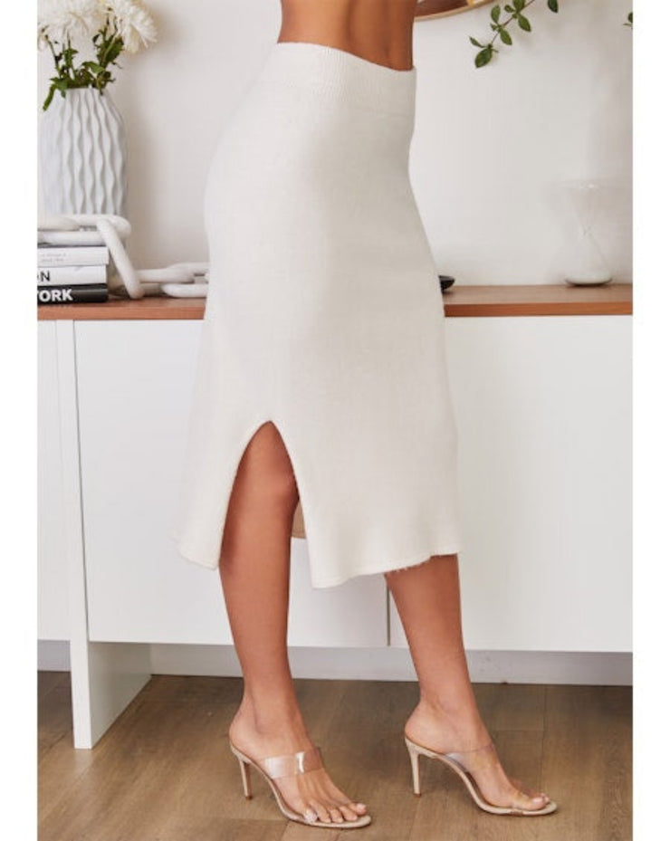 Knit Pencil Skirt With Slit - Ivory