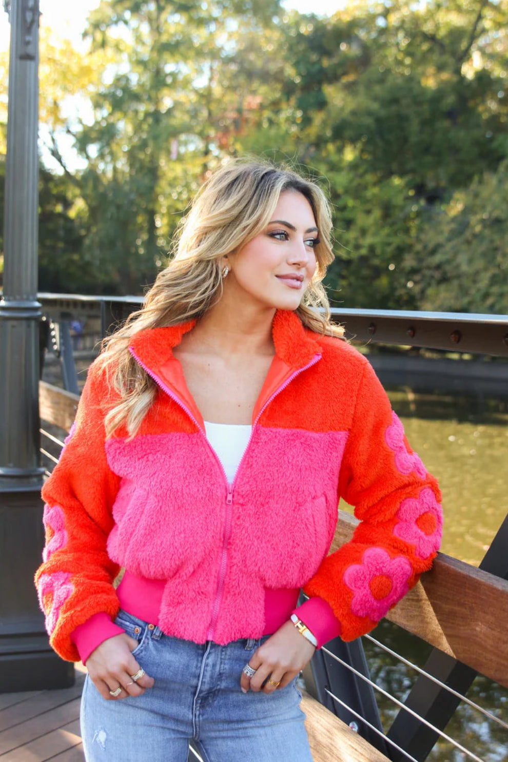 Retro Floral Fleece Jacket - Orange / Pink