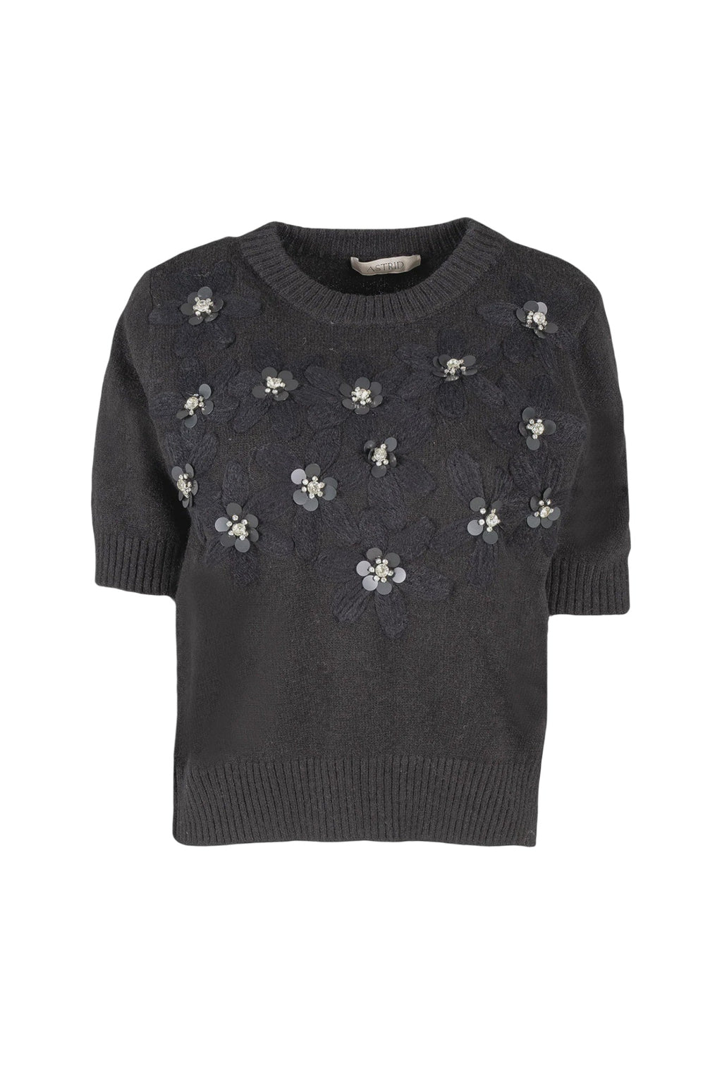 Sequin Flower Short Sleeve Sweater - Black