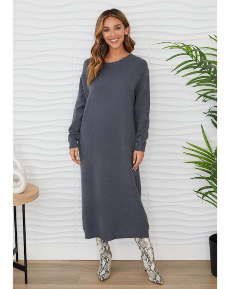 Boatneck Knit Maxi Sweater Dress - Charcoal Grey