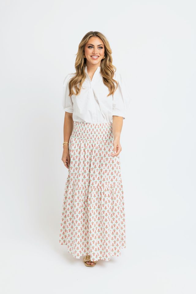 Floral Smocked Tier Maxi Skirt - Ivory