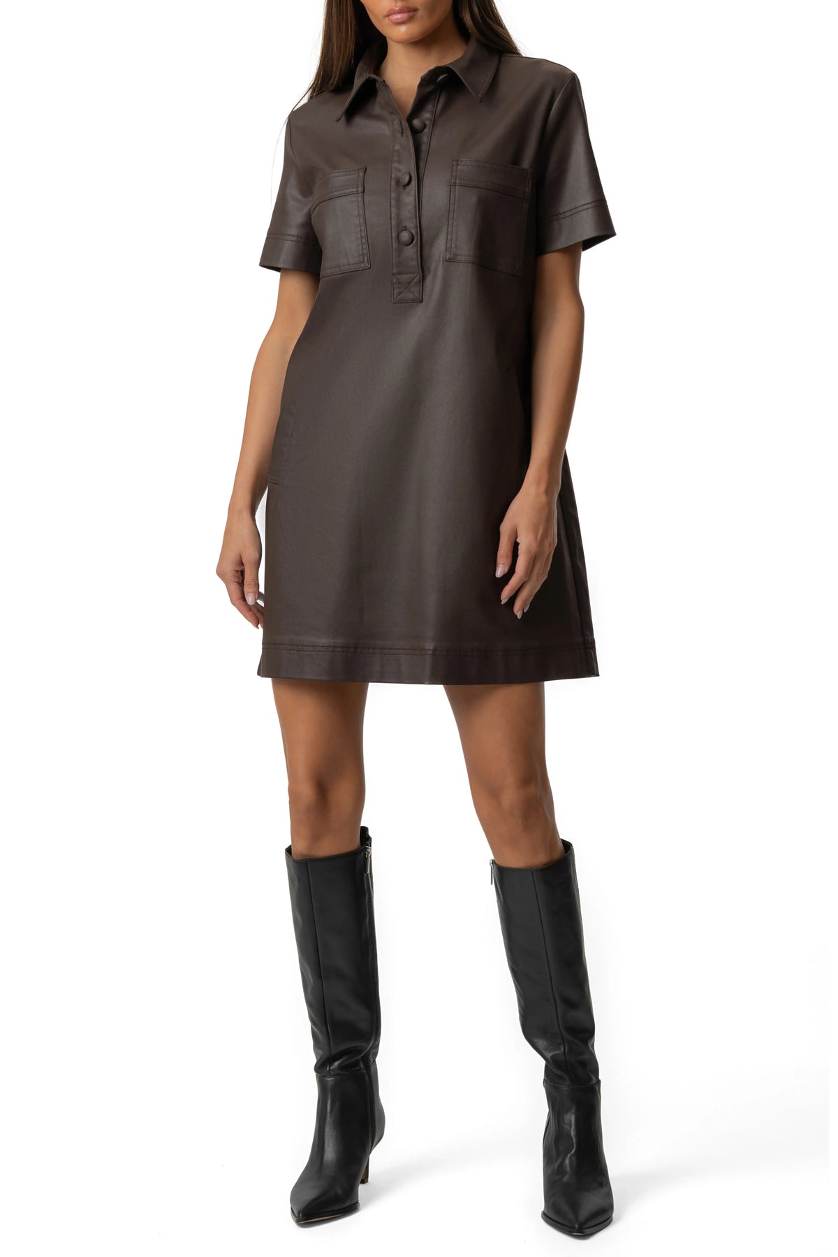 Tatiana Coated Denim Dress W / Placket  - Chocolate