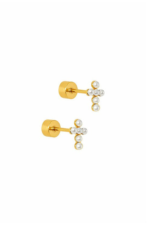 Clara Cross Pearl Screwback Stud