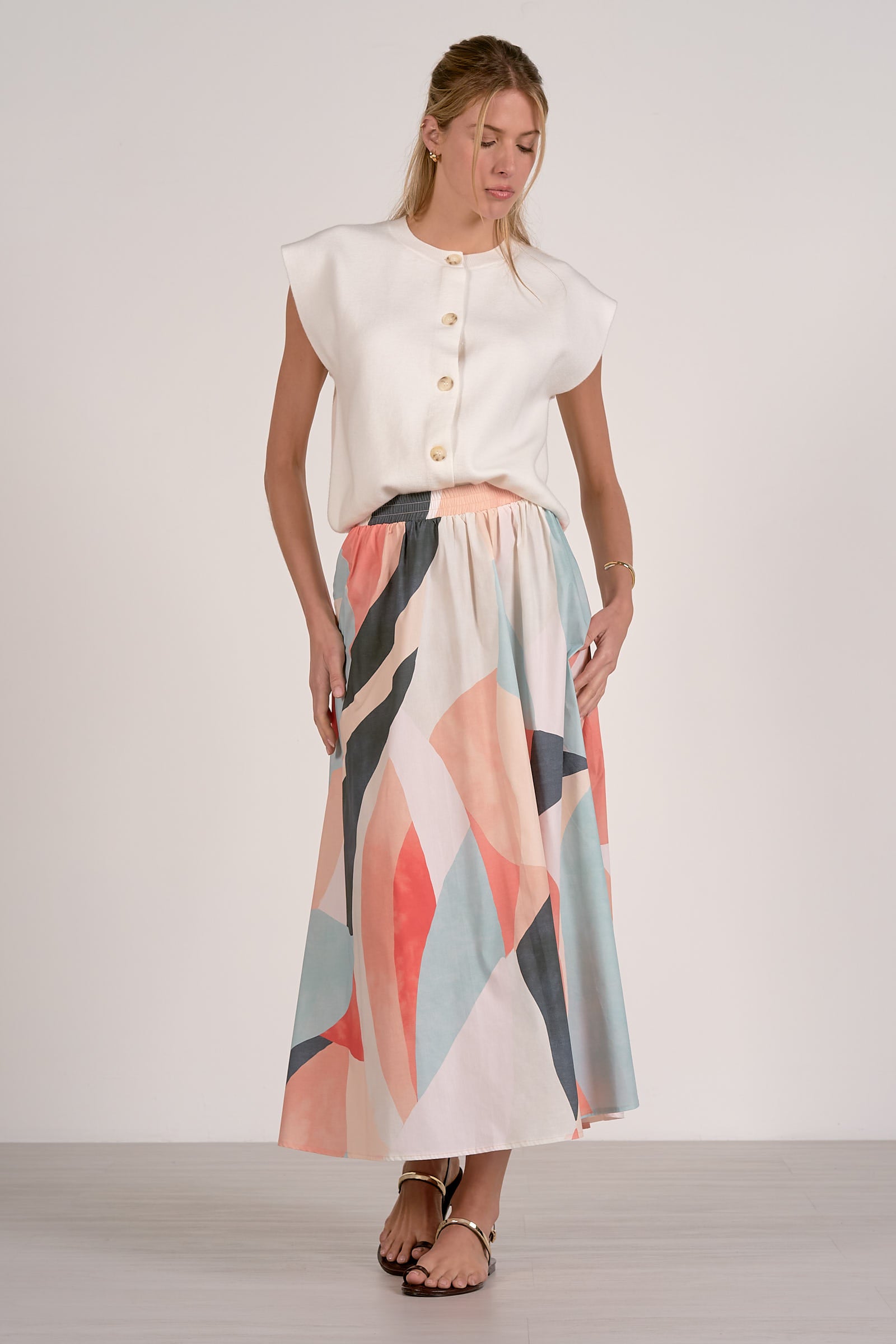Elastic Waist Midi Skirt - Multi Prism
