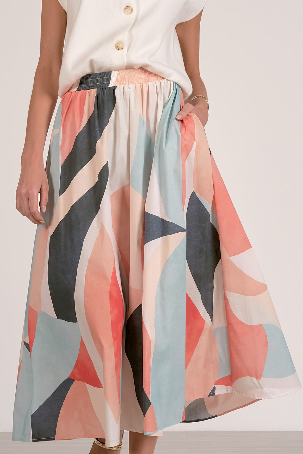 Elastic Waist Midi Skirt - Multi Prism