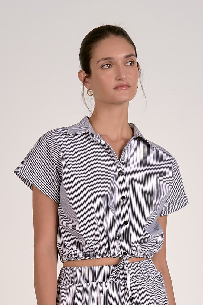 Short Sleeve Drawstring Waist Button Up Top - Dark Navy Stripe